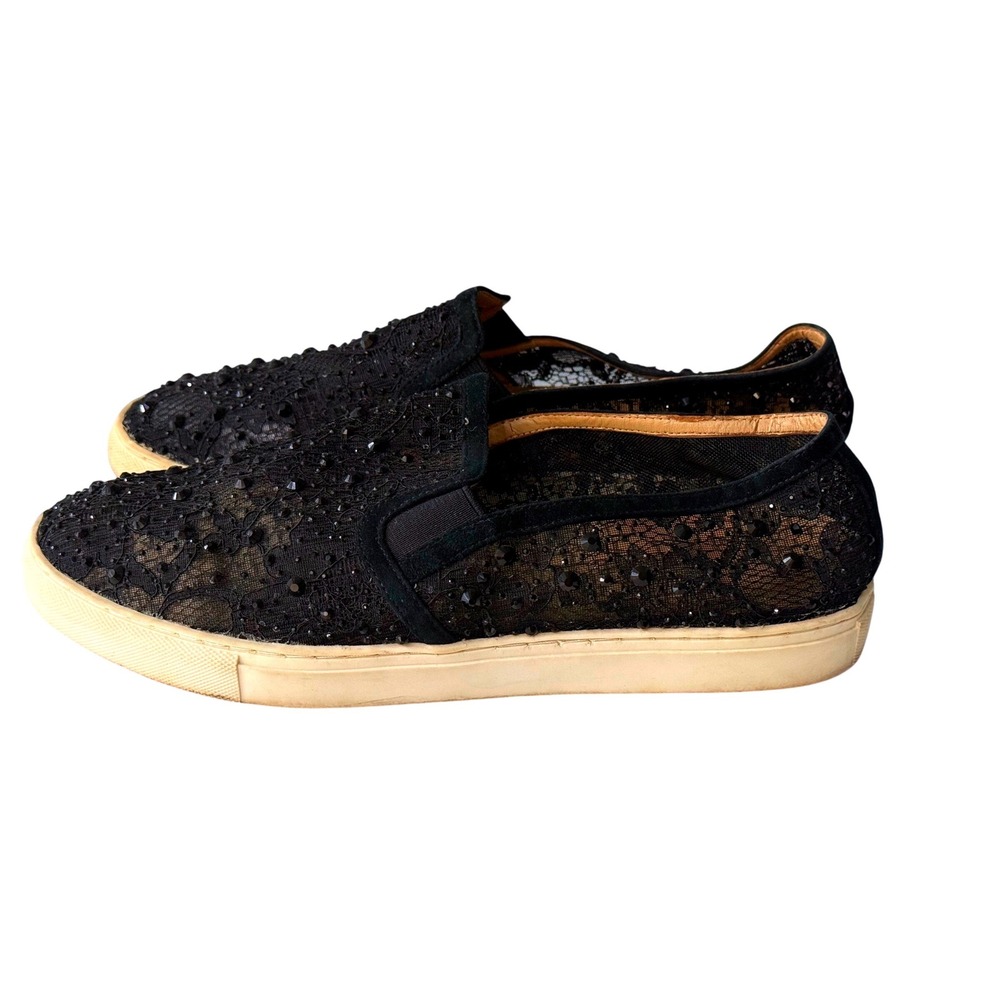 Antonio Melani Womens Black Lace Rhinestone Studded Slip On Sneakers Size 9.5M